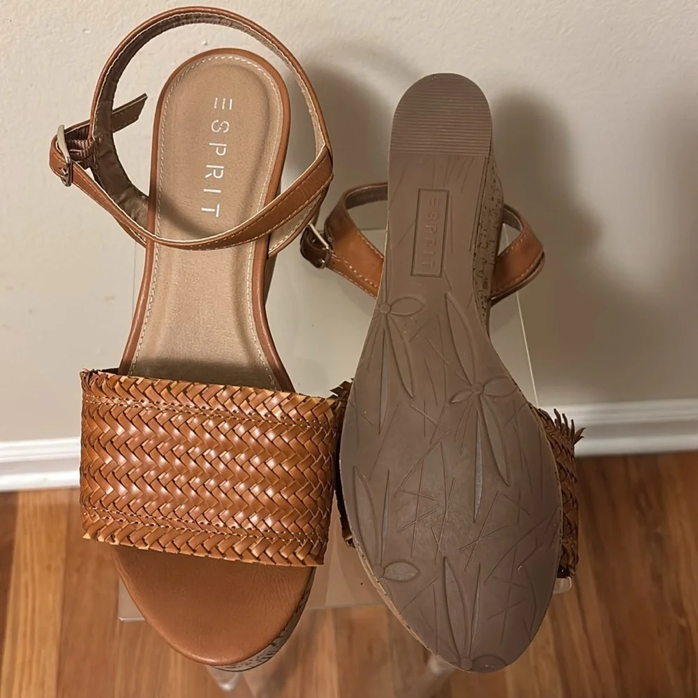 Esprit Brown Leather Sandals with Woven Detail